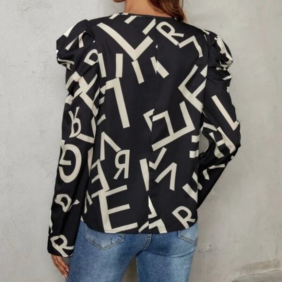 Letter Notched Neck Puff Sleeve Button down Blouse - Picture 6 of 6